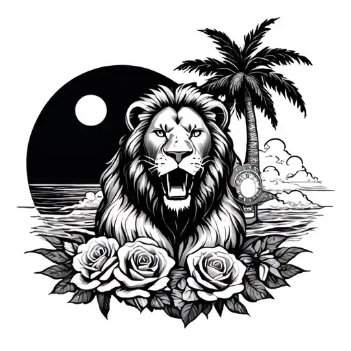 roaring lion, palm trees and waves and sun (photo that i took), roses, clock, clouds, roman numerals of parents birthday tattoo design idea