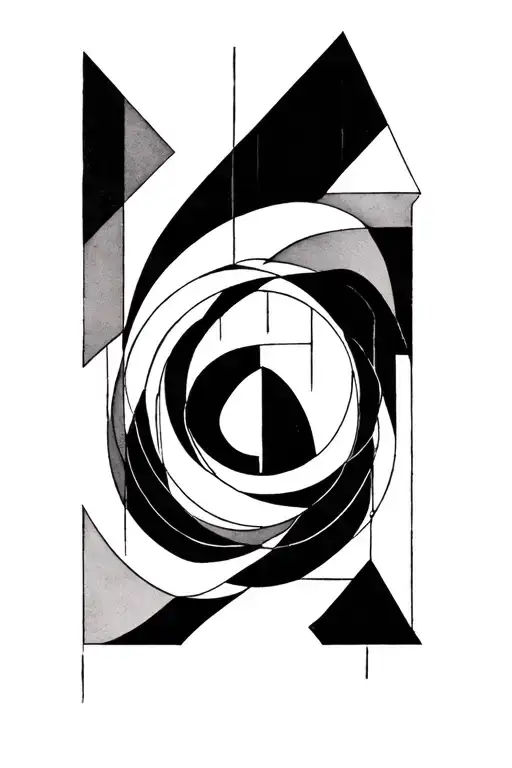 Triangle, circle and square interwoven in a complex geometric tattoo, passing through each other. tattoo design idea