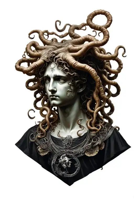 realist medusa head with some objects arround the forearm tattoo design idea