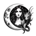 A gothic blackwork tattoo featuring a moon, a creepy woman and dragon, Virgo like things  tattoo design idea