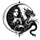A gothic blackwork tattoo featuring a moon, a creepy woman and dragon, Virgo like things  tattoo design idea
