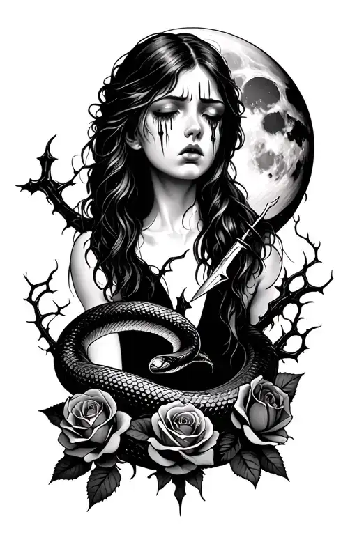 Girl crying at the moon, followed by a blade through a snake surrounded with rose thorns and bloody roses.  tattoo design idea