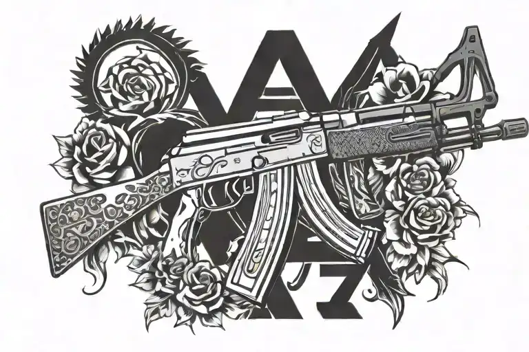 AK 47 inscription tattoo design idea