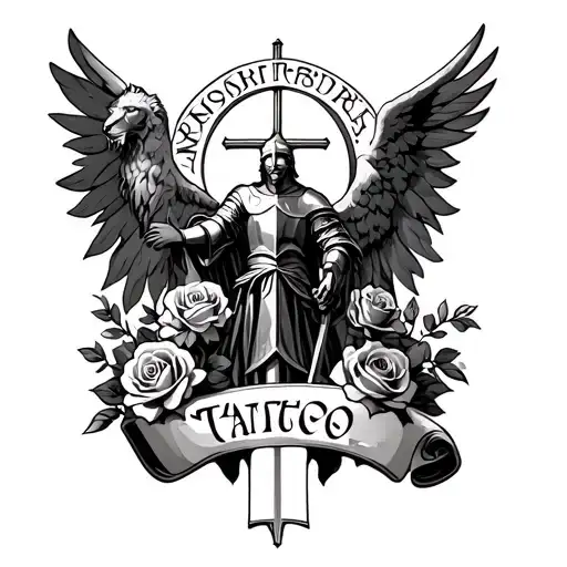 Christian scroll with a knight, archangel, oak tree, roaring lion, roses tattoo design idea