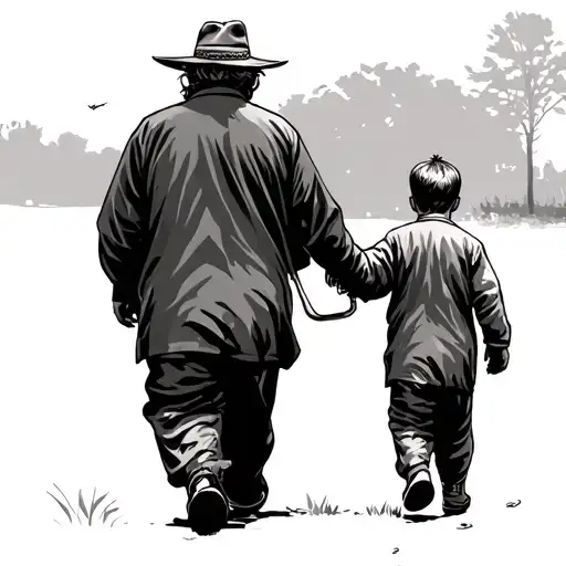 papa and grandson walking tattoo design idea