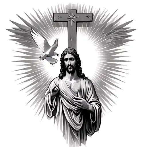 Jesus looking at cross still alive inscribed ray of sunshine and dove  tattoo design idea