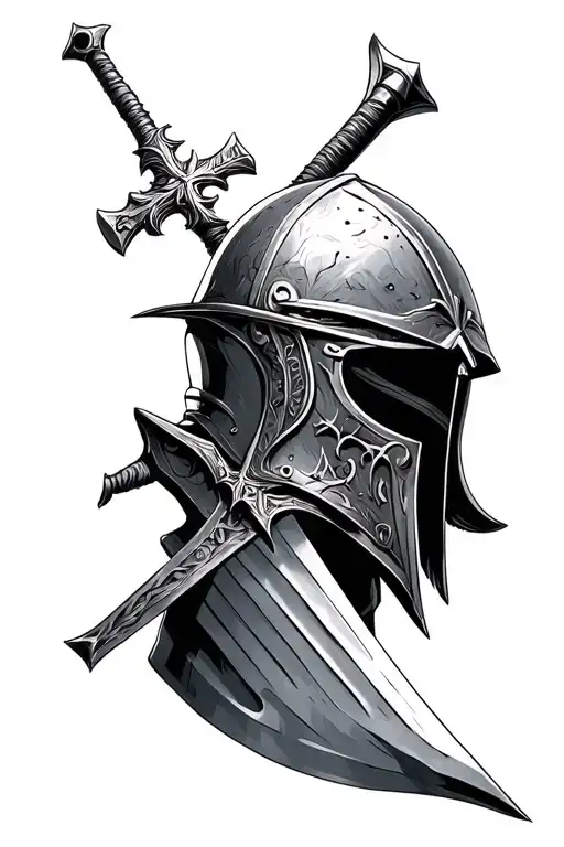 cross sword sheid helmet merged tattoo design idea
