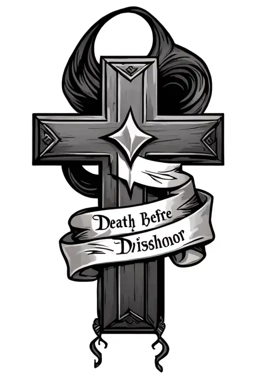  forearm tattoo that is a simple Christian block cross that has a banner wrapping around it saying death before dishonor tattoo design idea
