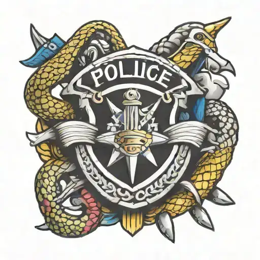 A neotraditional style tattoo of a police badge with crossed swords and a snake wrapped around it tattoo design idea