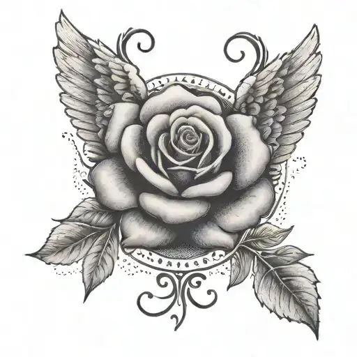 A dotwork tattoo of a rose with angel wings and a halo, symbolizing protection and love tattoo design idea