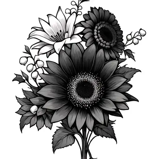 sunflowers, star flowers, lily of the valley, black dahlias tattoo design idea