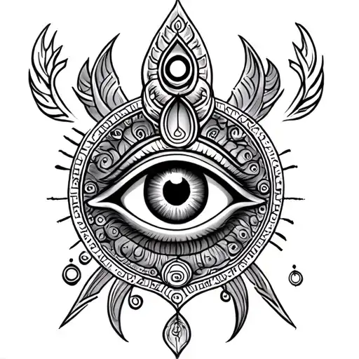 Tattoo with Shiva’s third eye, Mahamrityunjaya mantra, cosmic elements, and Asuras under —symbolizing power over tattoo design idea