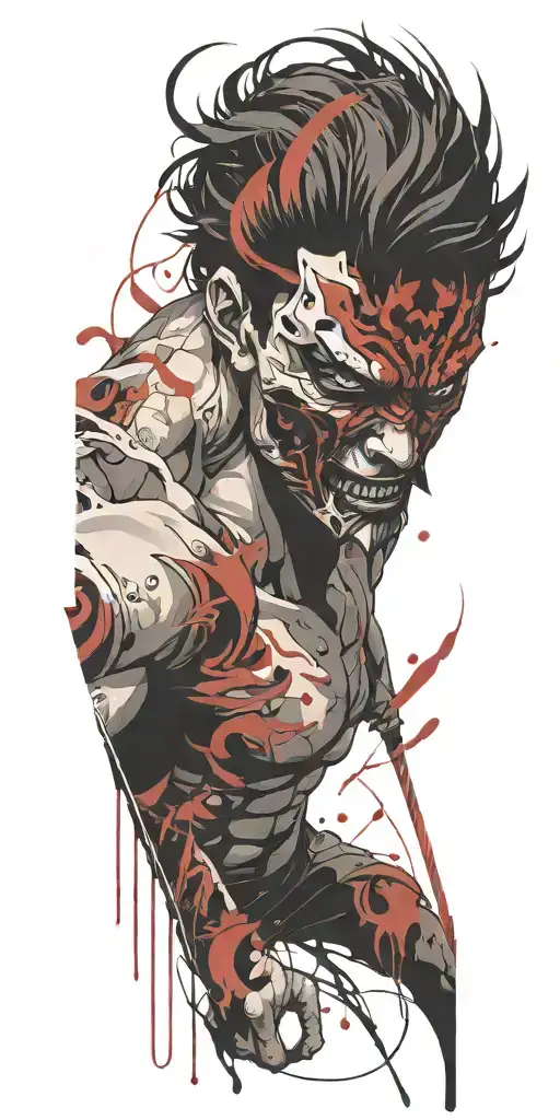 male anime character wearing oni mask fighting off inner demons  tattoo design idea