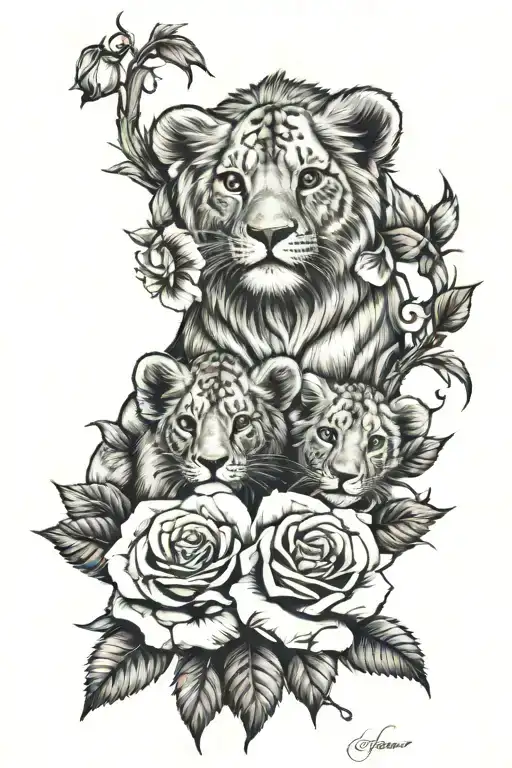 2 lion cubs and roses  tattoo design idea