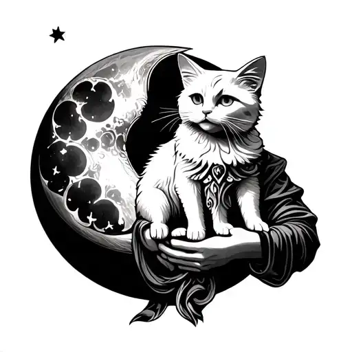 a god sculpture holding a furry white cat and a moon as a background tattoo design idea