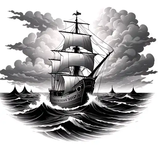 ship in stormy sea with posiedon coming out of the clouds in the sky tattoo design idea