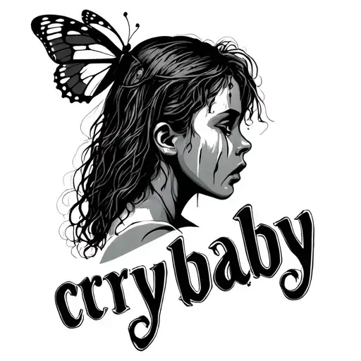 Prison tattoo font saying "crybaby" with shadow of girl crying and a butterfly tattoo design idea