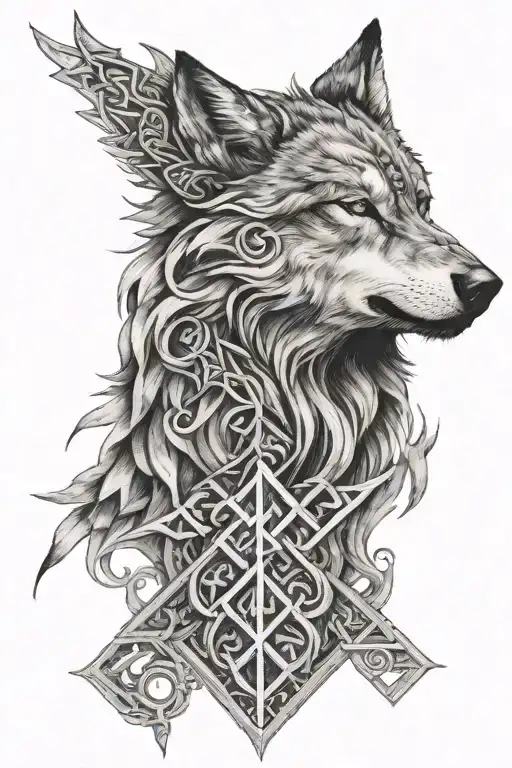 Realistic wolf head made of norse runes tattoo design idea