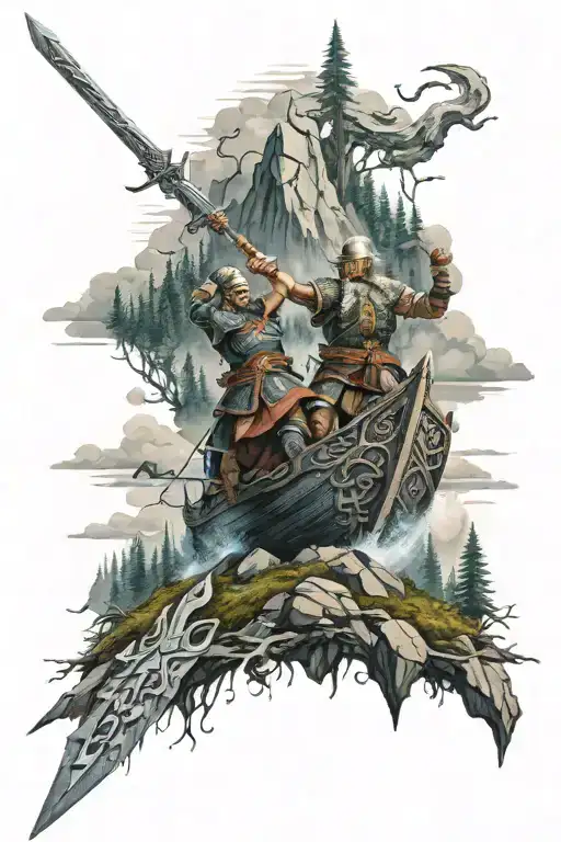 slavic boat forest, mountains sword battle tattoo design idea