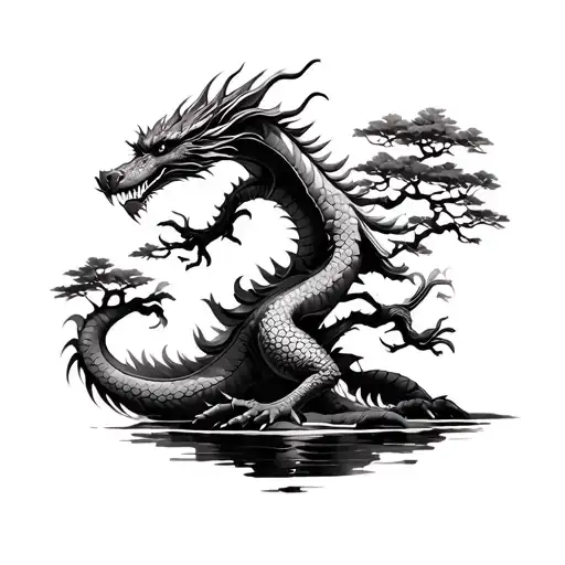 tribal dragon in front of bonsai tree tattoo design idea