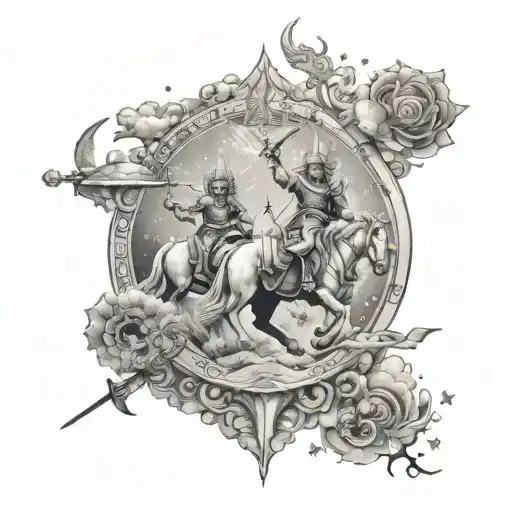 A tattoo design inspired by the ancient Hindu text the Bhagavad Gita, featuring a celestial battlefield scene with gods and warriors tattoo design idea