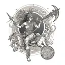 A tattoo design inspired by the ancient Hindu text the Bhagavad Gita, featuring a celestial battlefield scene with gods and warriors tattoo design idea