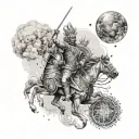 A tattoo design inspired by the ancient Hindu text the Bhagavad Gita, featuring a celestial battlefield scene with gods and warriors tattoo design idea