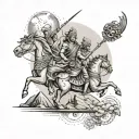 A tattoo design inspired by the ancient Hindu text the Bhagavad Gita, featuring a celestial battlefield scene with gods and warriors tattoo design idea