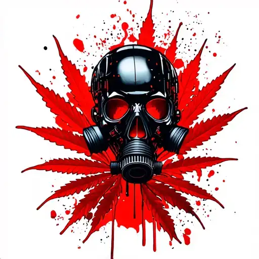 composition A black robot skull with gas mask,in the background a marijuana leaf tattoo design idea