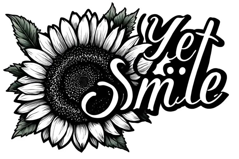 "Yet I Smile" text in cursive handwriting with Sunflower with minimalist and fine line design tattoo design idea