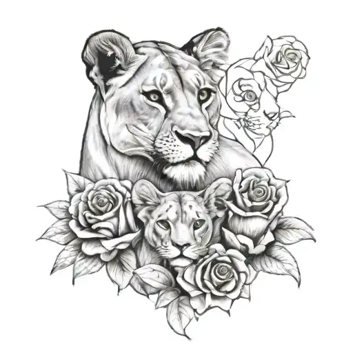 lioness 3 cubs intertwined with roses tattoo design idea