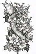 a dainty dragon carrying Narcissus, holly, poppy flowers tattoo design idea