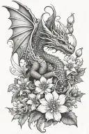a dainty dragon carrying Narcissus, holly, poppy flowers tattoo design idea