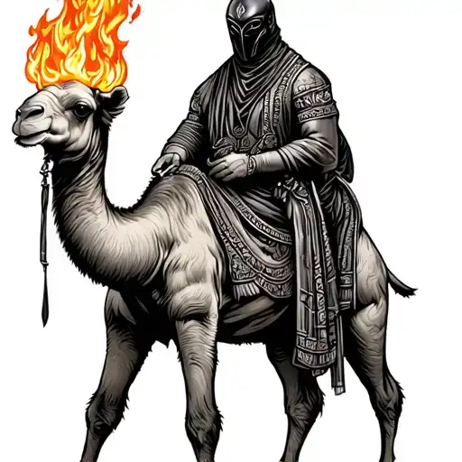 Burning camel announced by a masked man tattoo design idea