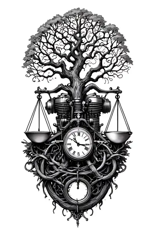 gothic tree of life intertwined with v-twin motor, libra scales and a clock tattoo design idea