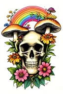 flowers, mushrooms, skull and rainbow tattoo design idea