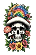flowers, mushrooms, skull and rainbow tattoo design idea