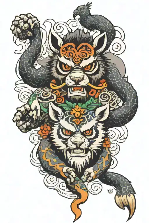 Totem that has a raccoon, gorilla, wolf, pig, panda, duck, penguin, owl and lion that a dragon surrounds the totem tattoo design idea