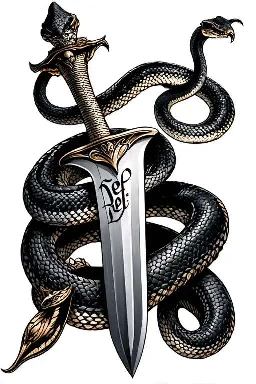 Snake coiled around a dagger with the word "Del" engraved on the blade of the dagger  tattoo design idea