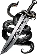 Snake coiled around a dagger with the word "Del" engraved on the blade of the dagger  tattoo design idea