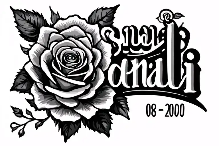 Sonali Name tatto with rose flower add roman birthdate 08-02-200 tattoo design idea
