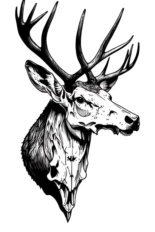 Deer skull in blackwork tattoo style with long antlers, highly detailed, monochrome, bold lines, dark shading, symmetric tattoo design idea