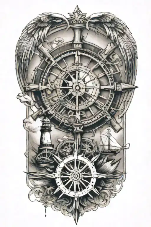ships wheel with a clock inside, a light house, motorcycle and Indian feather tattoo design idea