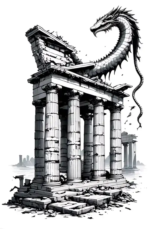 ruined Greek temple Of the Doric or Ionic columns that fall away towards the top is the Lernaean Hydra put together tattoo design idea
