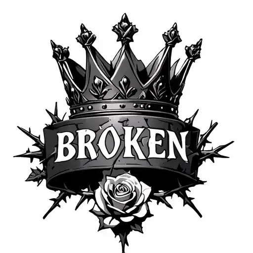 broken king crown surrounded with roses and thorns spelling broken intertwined in the roses and thorns tattoo design idea