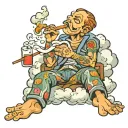 relaxed cigarette with arms, legs, mouth, eyes. that's laying down on a cloud with one leg crossed over, smoking a cig tattoo design idea