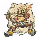 relaxed cigarette with arms, legs, mouth, eyes. that's laying down on a cloud with one leg crossed over, smoking a cig tattoo design idea