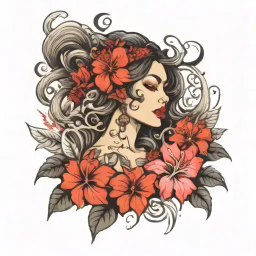 goddess surrounded by hibiscus flowers, smoke, some red colors tattoo design idea