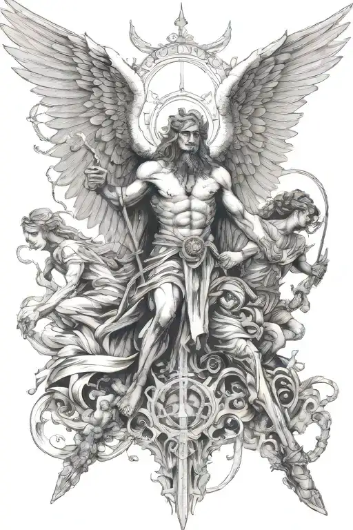 arc angel michael slaying demons, is coming down from heaven, has a pair of praying angels, perfect anatomy  tattoo design idea
