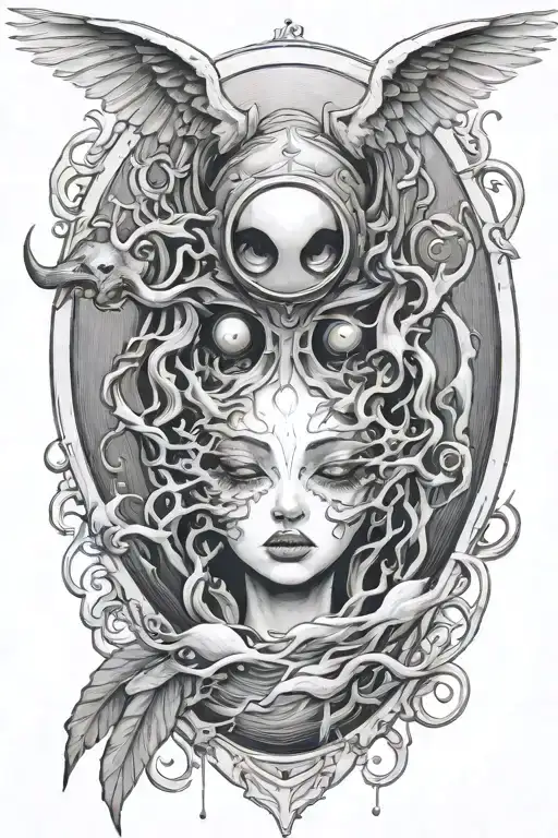 large eyes only no face crying tears landing in pool below and pool below while breaking and fixed by angels and demons  tattoo design idea